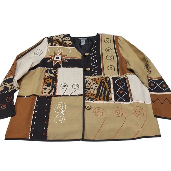 VTG Indigo Moon Patchwork Jacket Womens Size 1X Animal Print Tapestry Brown Tan - Picture 4 of 12